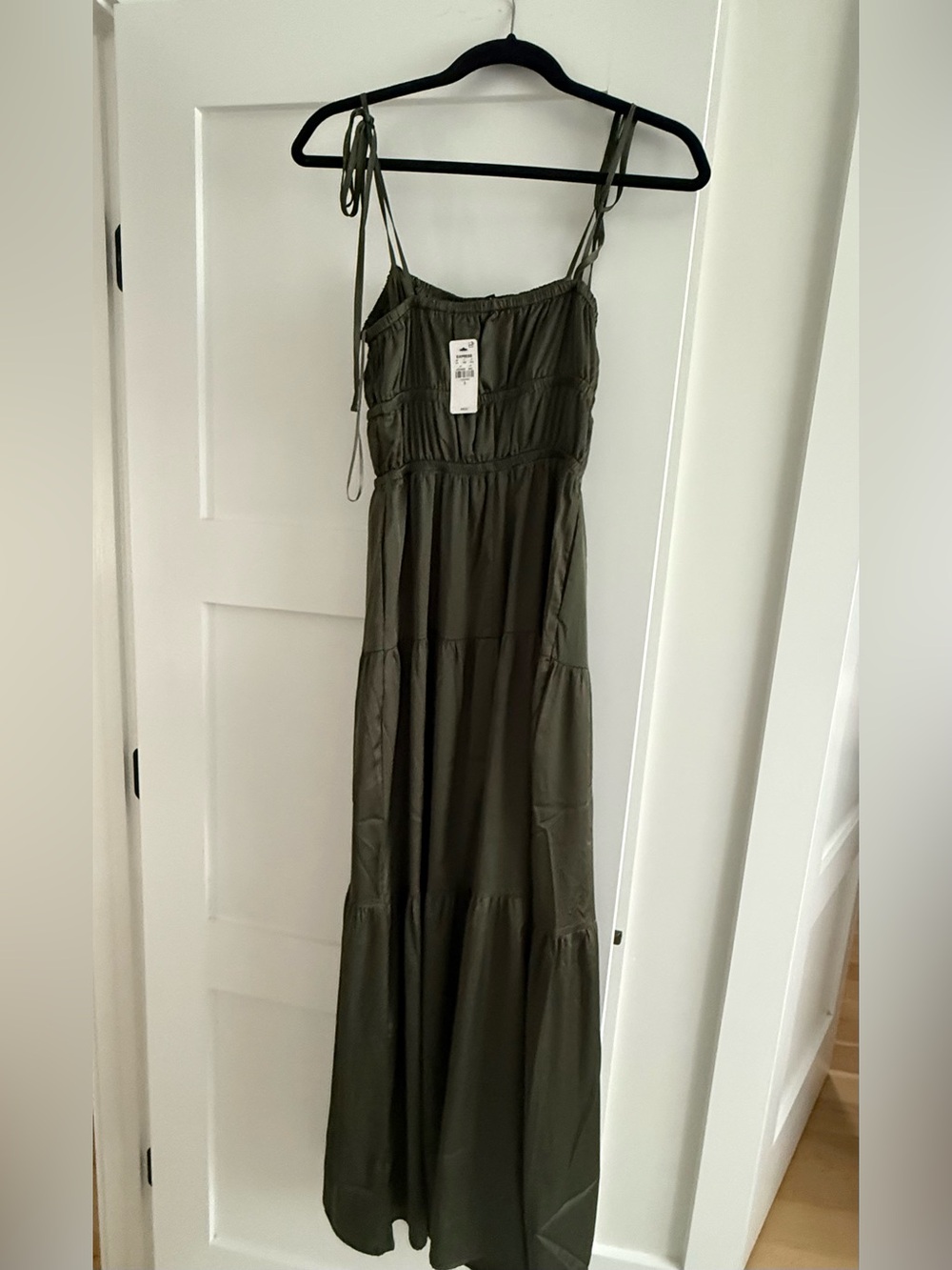 Express Olive Tiered Maxi Dress with Tie Straps